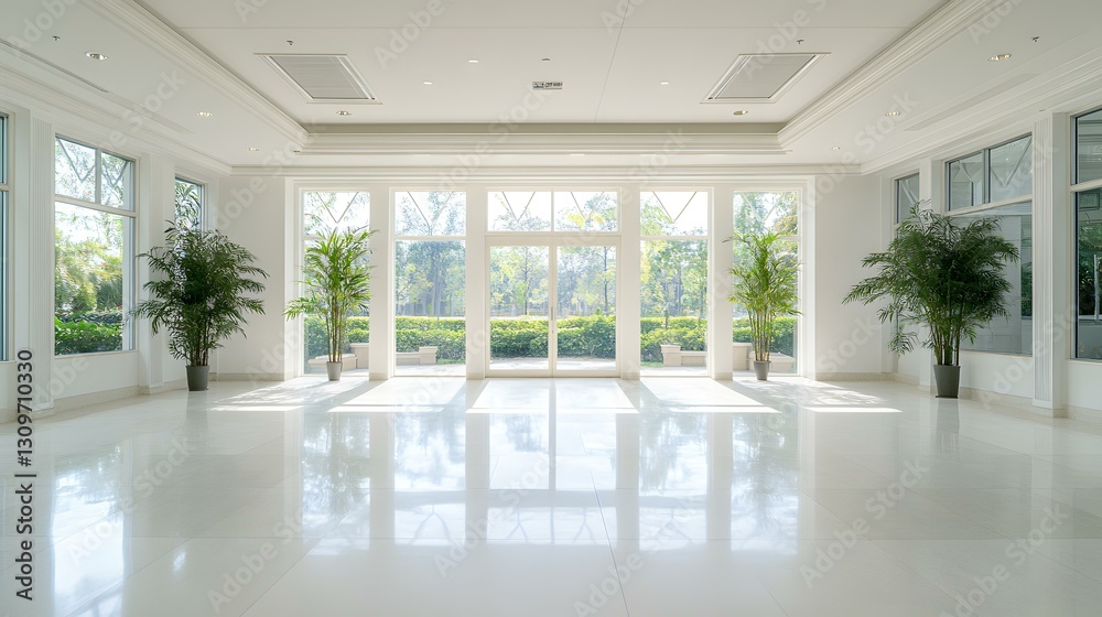 Obraz premium an empty light-filled room with large windows and potted plants. The clean, minimalist space is ready for events