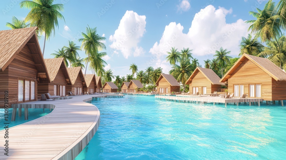 Fototapeta premium Paradise Lagoon Villas: A serene visual spectacle of luxurious wooden villas perched over a breathtaking turquoise lagoon, inviting tranquility. 
