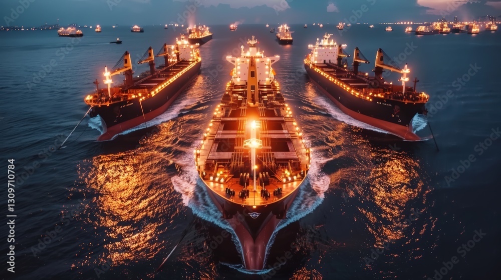 Obraz premium Satellite network monitors global shipping routes with AI-enhanced maritime tracking. Advanced surveillance technology ensures real-time cargo movement analysis, optimizing trade efficiency.
