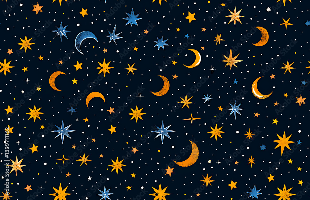 Seamless celestial pattern with golden stars and crescent moons on dark night sky background for textile and wallpaper Seamless celestial pattern with golden stars and crescent moons on dark night sky background for textile and wallpaper