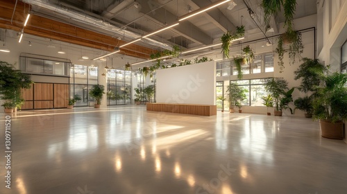 Wallpaper Mural a spacious and modern event hall or a large studio with plants and a bright interior with shiny floor. There are many plants in pots and hanging from the ceiling. It looks clean. Torontodigital.ca