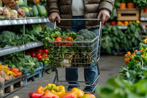 Shopper pushing cart filled with fresh vegetables, leafy greens, tomatoes, and broccoli in grocery store. Vibrant produce market promotes healthy eating, organic shopping, sustainable food choices.