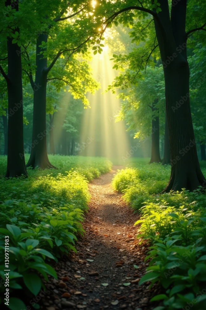 Obraz premium Sunlight dappled forest path, dew-kissed leaves, path, oak, pattern