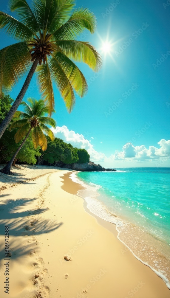 Fototapeta premium Golden sand, turquoise water, bright sun, palm trees, waves, texture, sunrise