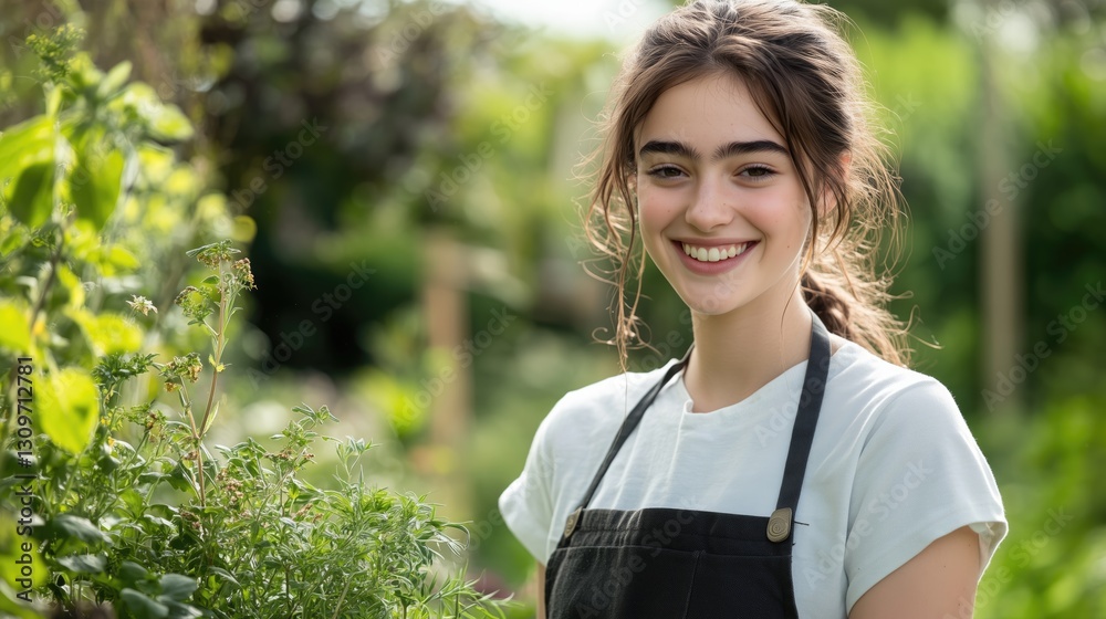 Smiling Young Woman Tending to Green Plants in a Sunlit Garden Smiling Young Woman Tending to Green Plants in a Sunlit Garden