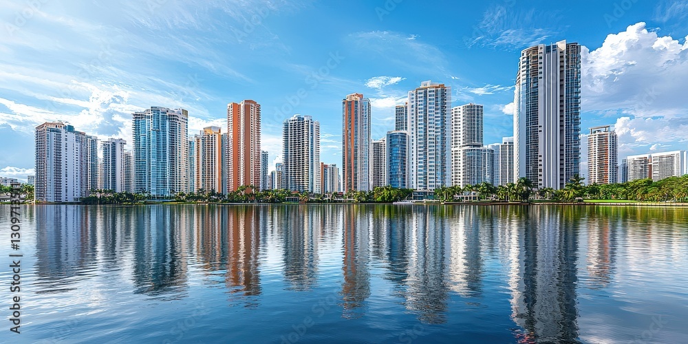 Fototapeta premium City skyline with high-end residential towers, reflections in water