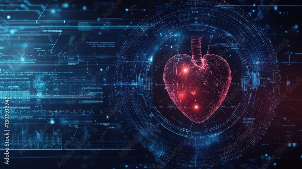 Fototapeta premium futuristic medical research or heart cardiology health care with diagnosis vitals infographic biometrics for clinical and hospital.
