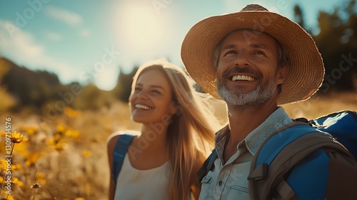 Happy latin couple in their fifties smiling together in a beautiful green field under a clear blue sky