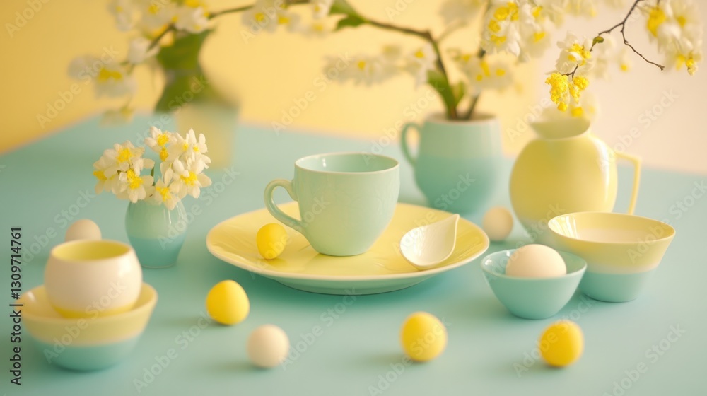 Pastel Easter Table Setting with Delicate Flowers Pastel Easter Table Setting with Delicate Flowers