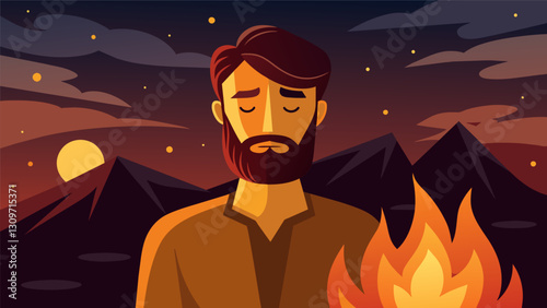 With a serene expression on his face the stoic takes a moment to appreciate the beauty of the fires warm glow.. Vector illustration