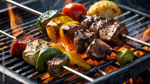 A top-down view of sizzling kebabs on a luxury silver-plated grill. Smoke rises as the juices drip onto the flames, creating a mouthwatering, cinematic effect. The scene is set in an upscale outdoor d