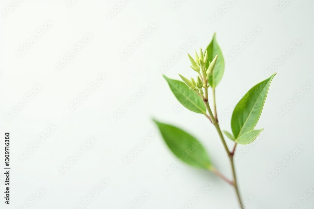 Fototapeta premium A delicate stem with tiny leaves and buds on a pristine white background, plant,