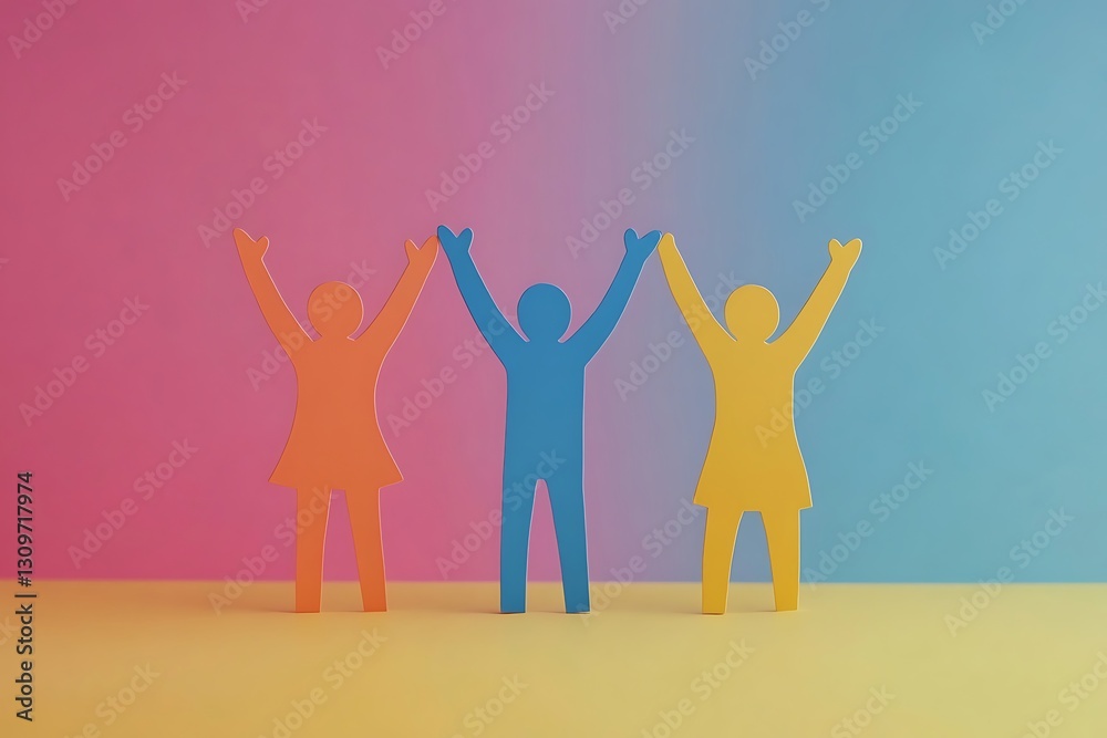 Three Colorful Figures Celebrating Success Together Three Colorful Figures Celebrating Success Together