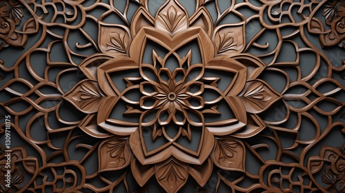 Fototapeta Naklejka Na Ścianę i Meble -  3D Arabic vector pattern with a detailed carved Mashrabiya effect in wood and stone textures