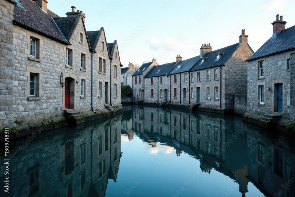 Fototapeta premium Calm harbour waters reflected in grey slate buildings, reflection, stone, slate