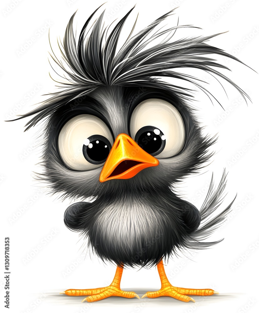 Fototapeta premium Adorable little black bird with big eyes and fluffy feathers isolated on a white background showcasing its cuteness