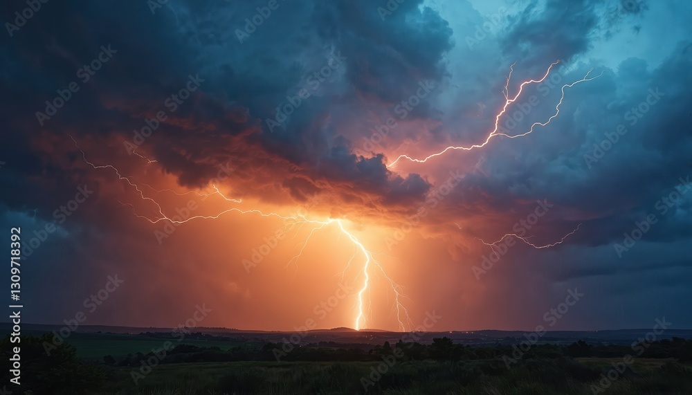 Fototapeta premium Bright lightning bolt strikes ground during powerful storm. Dark blue clouds glow with orange light, creating dramatic skyscape, landscape. Electric storm over rural area shows intense energy,