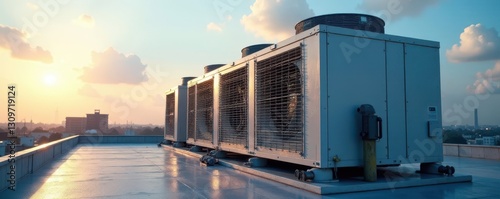 Large industrial air conditioning system dominates rooftop , view, urban, cooling