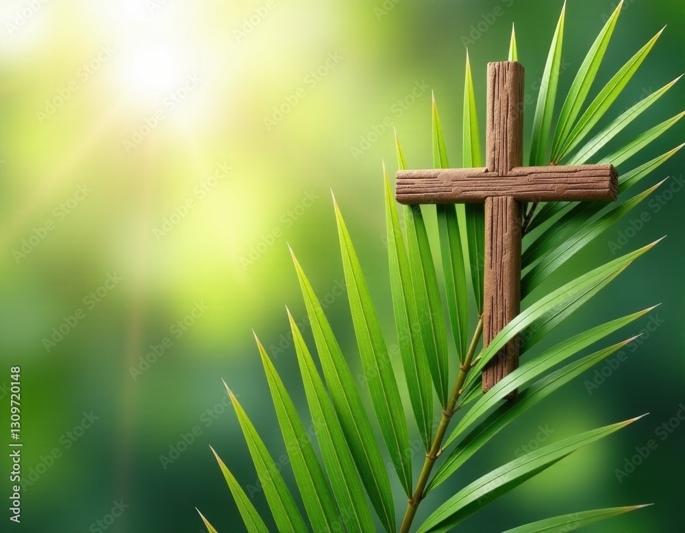 Wooden Cross on Palm Branch