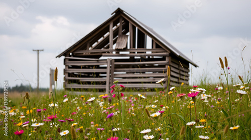 Abandoned wooden corn crib behind a patch of wildflowers. photo