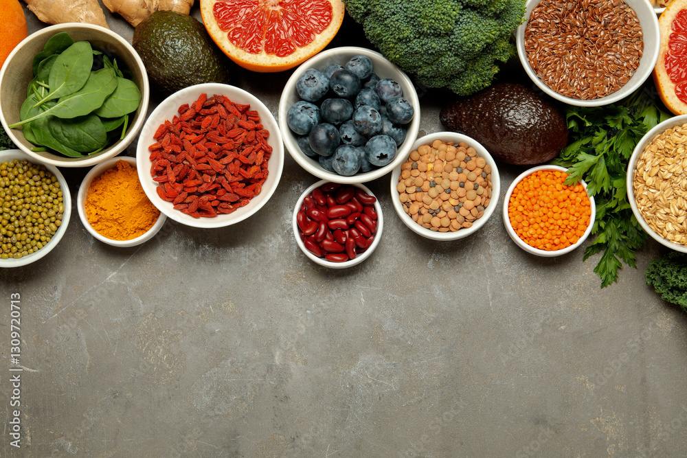 Superfood. Different healthy food products on grey table, flat lay. Space for text Superfood. Different healthy food products on grey table, flat lay. Space for text