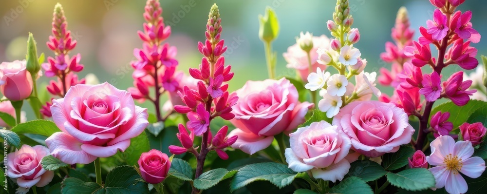 Obraz premium Pink & white verbascum, roses & salvia summer bloom , photography, image