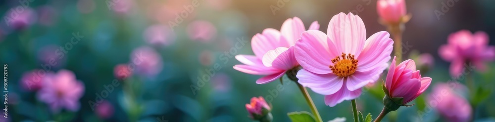 Flowers in garden with soft pink and blue hue, pink, botanical, bloom Flowers in garden with soft pink and blue hue, pink, botanical, bloom