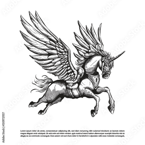 Hand drawn engraving armored pegasus vector, winged horse illustration