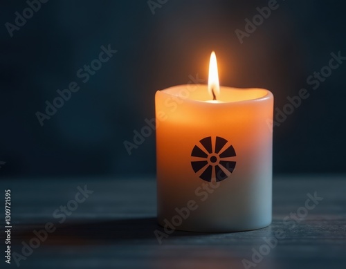 Lit Candle with Symbol on Dark Background - Peaceful Atmosphere