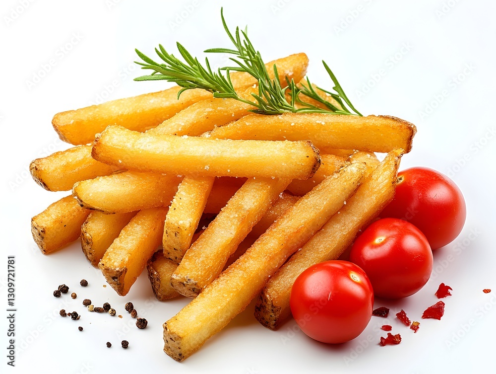 Delicious pile of golden french fries surrounded by cherry tomatoes on a white background perfect for food photography Delicious pile of golden french fries surrounded by cherry tomatoes on a white background perfect for food photography