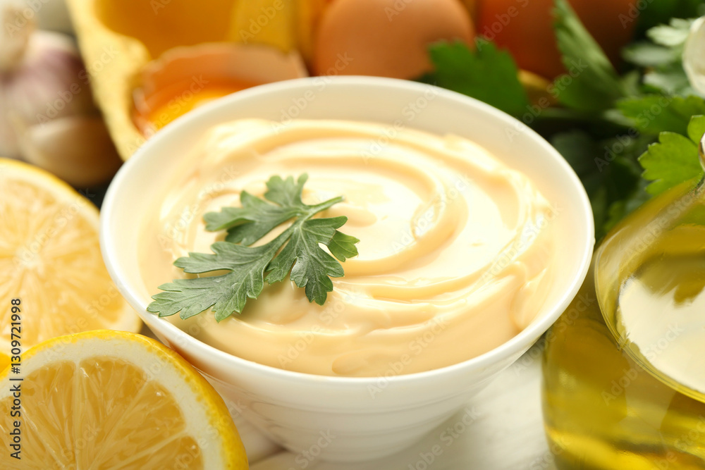 Delicious mayonnaise sauce with parsley in bowl and ingredients on table, closeup Delicious mayonnaise sauce with parsley in bowl and ingredients on table, closeup