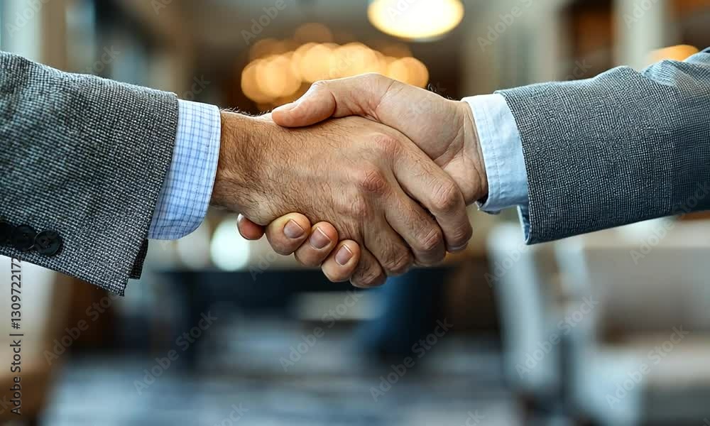 Two business professionals shaking hands in a modern office setting with blurred background Two business professionals shaking hands in a modern office setting with blurred background