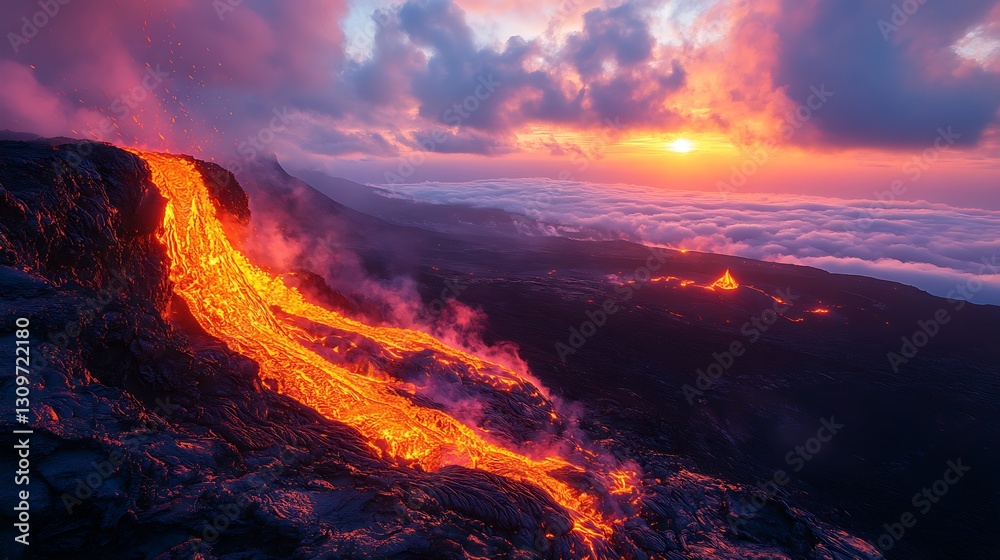 Fototapeta premium Fiery lava cascades from the volcano creating a dramatic scene against the colorful sunset sky and drifting clouds