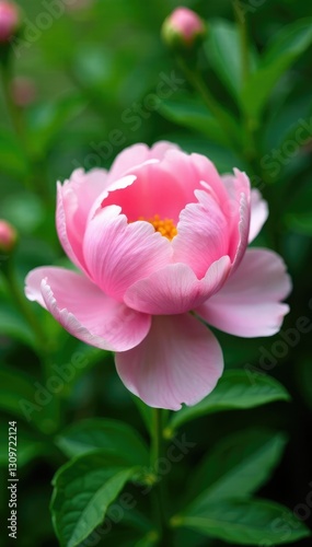 A delicate pink peony blooming in a lush green garden, nature, hibiscus, blooming