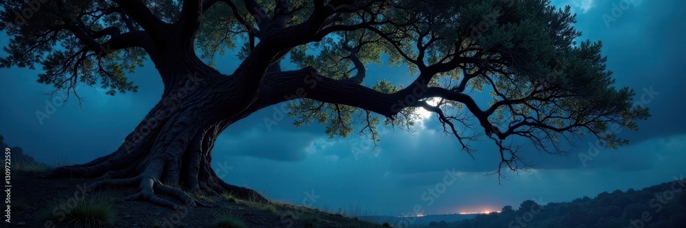 Fototapeta premium Gnarled tree branches, hanging noose, dark sky, scary, woods, hanging