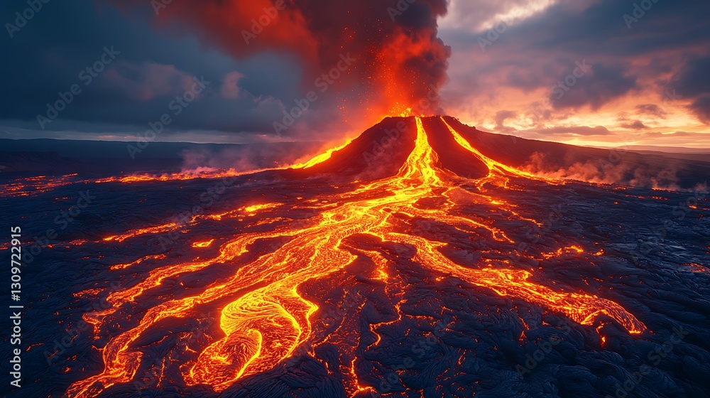 The fiery glow of molten lava flows down the volcano illuminating the slopes under a dramatic sunset and smoky sky The fiery glow of molten lava flows down the volcano illuminating the slopes under a dramatic sunset and smoky sky