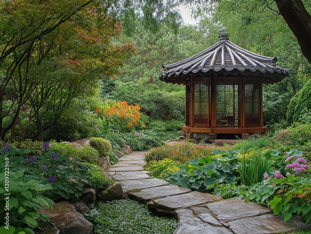 A beautiful traditional wooden gazebo in a lush green garden setting A beautiful traditional wooden gazebo in a lush green garden setting