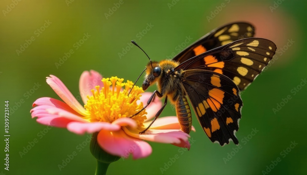 Obraz premium Large hemaris thysbe clearwing sipping nectar from milkweed, rose milkweed, milkweed