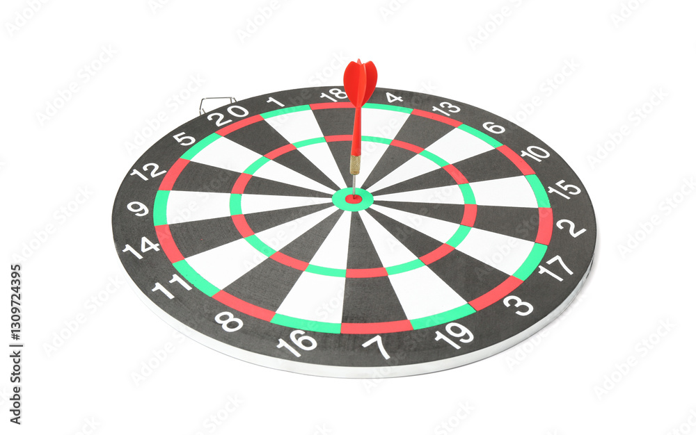 Obraz premium Dart board with red arrow hitting target isolated on white