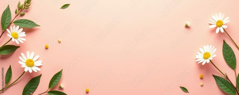 Peach background with a few scattered daisies and leaves, nature, leaves, foliage Peach background with a few scattered daisies and leaves, nature, leaves, foliage