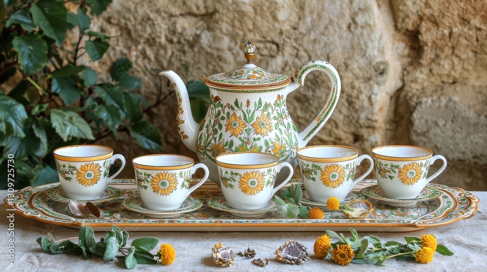 Fototapeta premium Inviting Herbal Tea Set Arranged on Vintage Tray with Flowers