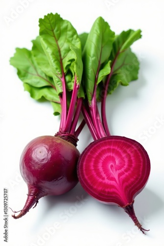 One whole beet & a halved beet, clean white backdrop , texture, half