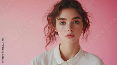 Girl with casually collected hairstyle in casual clothes on pink background looking at camera for beauty photo shoot