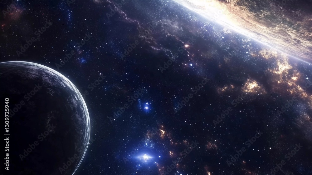 Obraz premium A planet is shown in the foreground of a picture of a galaxy. The galaxy is filled with stars and other celestial objects