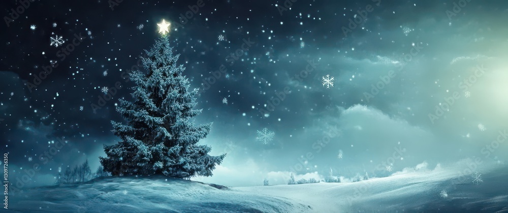 A large, festive Christmas tree decorates a snowy hillside. A large, festive Christmas tree decorates a snowy hillside.