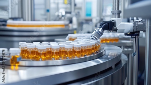 Automated pharmaceutical manufacturing process filling vials with a liquid solution