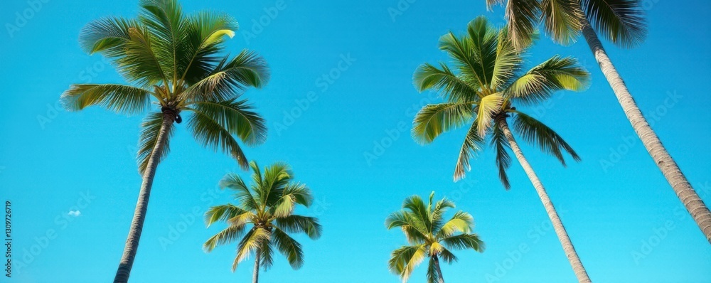 Fototapeta premium Slender royal palms ascend, vibrant blue sky backdrop, sunlight, nature