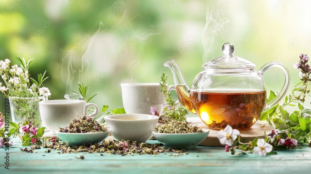 Herbal Tea Set with Steam in Soft Daylight and Bright Green Background Herbal Tea Set with Steam in Soft Daylight and Bright Green Background