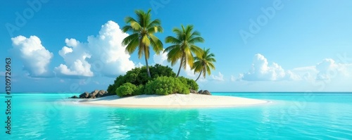 Isolated palm-studded isle in vibrant turquoise water , isolated, remote, flora