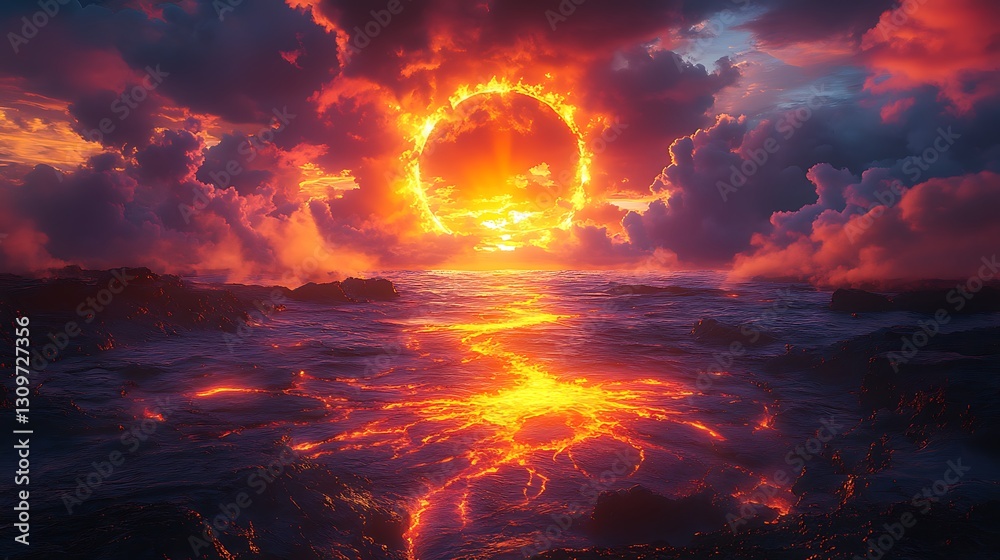 Glowing lava pours from the volcano carving a fiery path under the vibrant sunset and drifting dark smoke Glowing lava pours from the volcano carving a fiery path under the vibrant sunset and drifting dark smoke